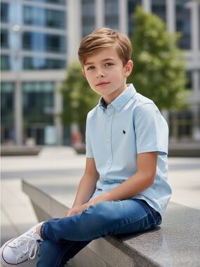 H @M Boys 8 baby Blue Short Sleeve Oxford Shirt -Classic Button-Down cotton logo